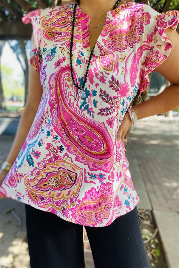 BQ15642 Paisley multi color printed short sleeve/ruffle V-neckline women tops GS6