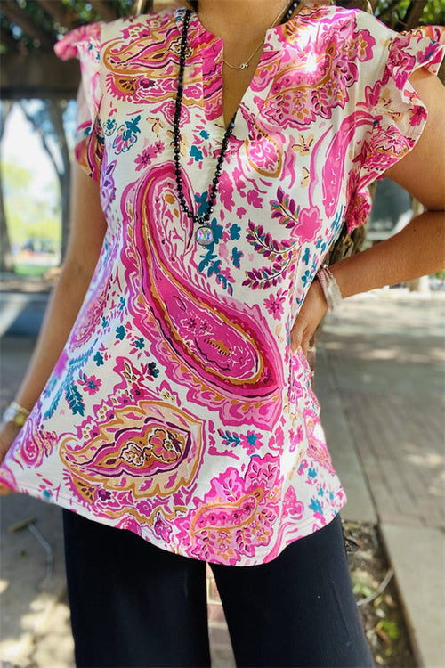 BQ15642 Paisley multi color printed short sleeve/ruffle V-neckline women tops GS6