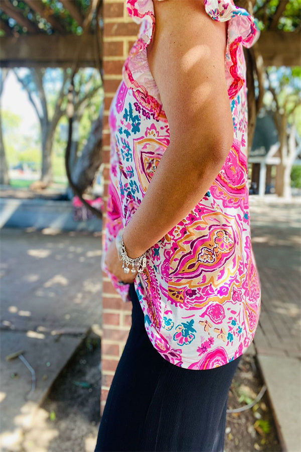 BQ15642 Paisley multi color printed short sleeve/ruffle V-neckline women tops GS6