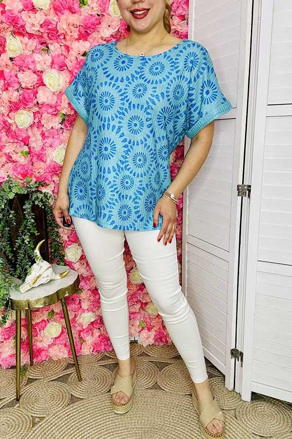 Women's clothing wholesale Blue geometrical prints & short sleeves BQ15978 FS4