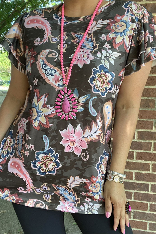 Western Paisley floral multi color printed  ruffle short sleeve women tops GJQ14406 (ES7)