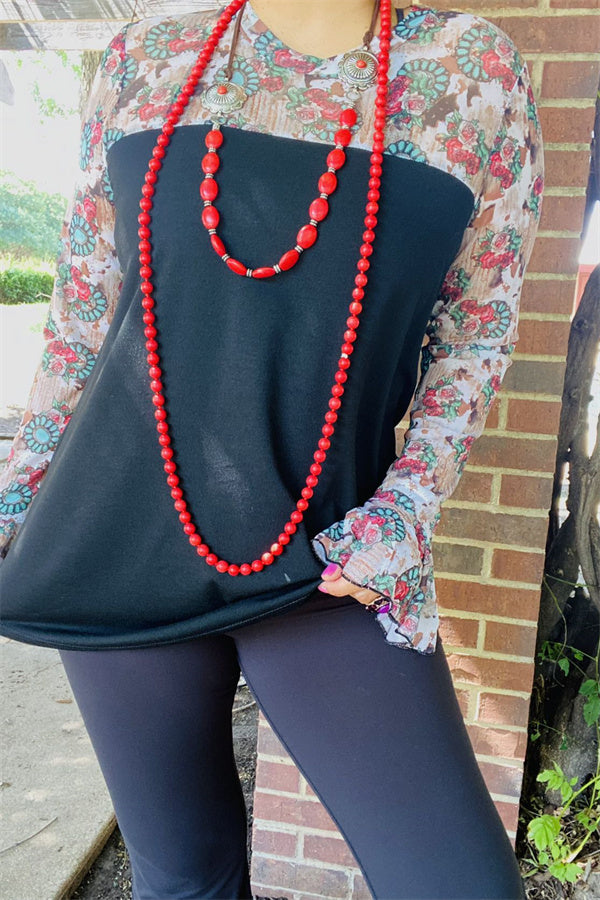 Western plus size Mesh sleeve & black color block women tops YMY14327 IS12